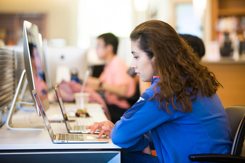 Student using a computer in the library